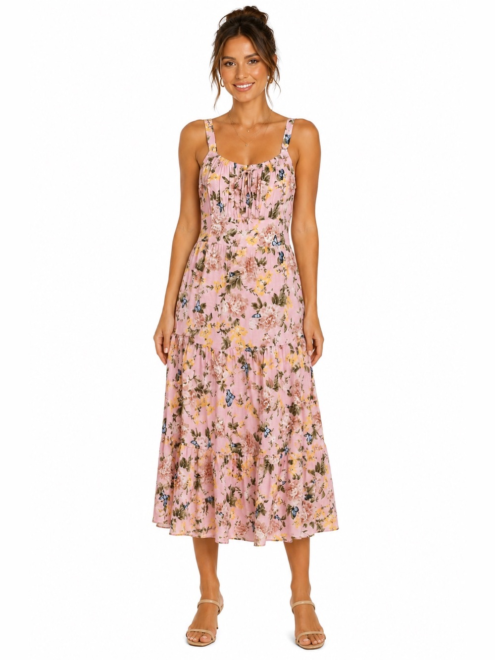 INC Pink Floral Butterfly Tiered Midi Dress‎ Size 12 Cottagecore Boho Romantic